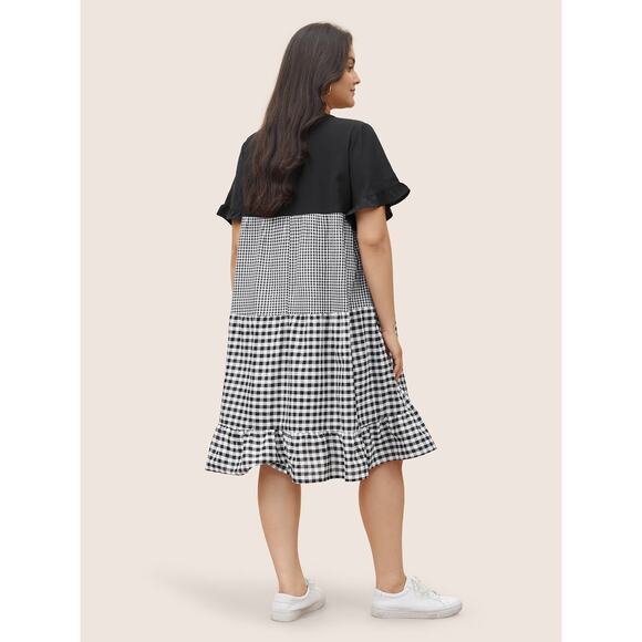 BLOOMCHIC Gingham Patchwork V Neck Pocket Ruffles Dress Black White - Sz 30 - Picture 2 of 7